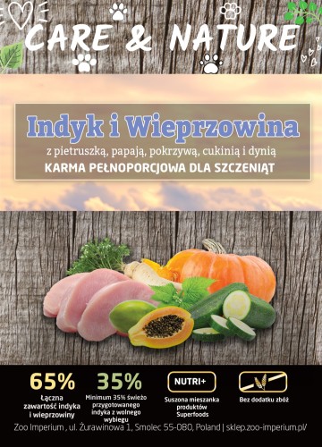 Care and Nature - Indyk i Wieprzowina 65%, warzywa i owoce 35% - sucha karma dla szczeniąt  12 kg.