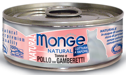 MONGE KOT NATURAL puszka TUŃCZYK Z KURCZAKIEM I KREWETKAMI 80g
